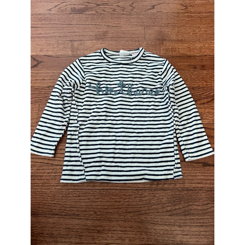 Zara Top Kids 2-3 Years Navy White Good Striped Hi There Embroidered Long Sleeve